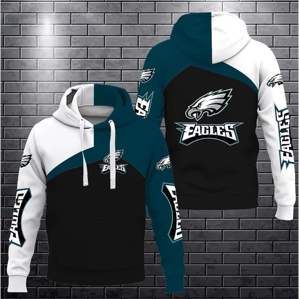 NFL Eagles Black White Teal Colorblock Pullover Hoodie